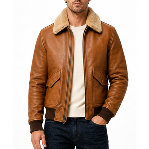 Chaqueta de cuero genuino marrón claro para hombre, de alta calidad y personalizada, con puños acanalados, cinturón, bolsillos con solapa y forro de sherpa. - Product Image 1