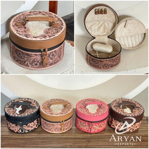 Nouvelle boîte à bijoux ronde en cuir pleine fleur, style vintage, avec gravures florales, durable, pour le rangement des bijoux - Product Image 1