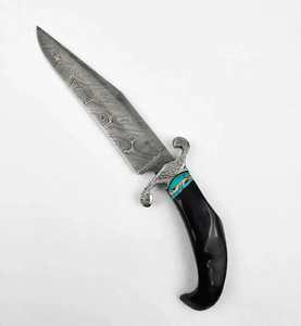 Handcrafted clip point damascus steel outdoor heavy utility <b>tool</b> with Black Horn Turquoise Inlay Handle <b>Engraved</b> Guard - Product Image 5
