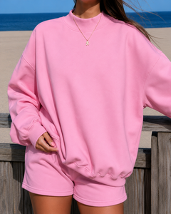 Conjunto de Sudadera Oversize Rosa para Mujer con Cuello Redondo y Cuello Alto Simulado, Estilo Urbano, con Bolsillos, Color Liso, de Algodón Tejido, Ajuste Regular, Bordado - Product Image 1