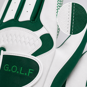 Gants de golf en cuir véritable blanc et vert, antidérapants, à doigts complets, fermeture auto-agrippante, vêtements de sport unisexes - Product Image 4