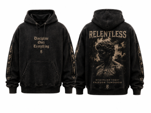 Sudadera con Capucha Negra para Hombre Acidwash Relentless Discipline Over Everything, Estilo Urbano Holgado, Algodón French Terry con Estampado - Product Image 1