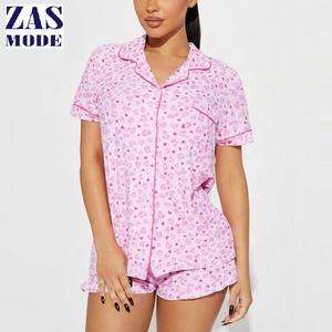 Conjunto de Pijamas de Alta Calidad para Mujer, Cómodo para el Hogar, Invierno y Verano, con Solapa, Cierre de Botón, Cordón Ajustable y Estampado Corto - Product Image 1
