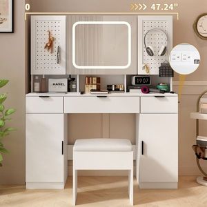 Large LED Lighted Mirror Makeup Vanity Table Set with 2 DIY Pegboards 5 Hooks Charging Station - Product Image 5