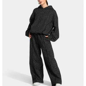 Black & Grey Leopard Print Contrast Pipping Women's <b>Tracksuit</b> Oversized Pullover Contrast Lining Hoodie & Jogger For Women's - Product Image 1