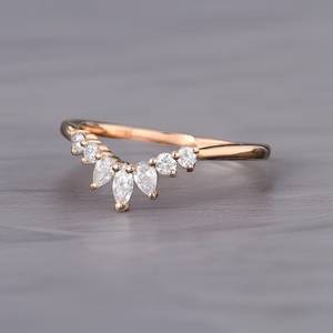 Yellow 925 Sterling <b>silver</b> Curved Wedding Band Marquise & Pear Cut Lab Diamond <b>Stacking</b> Wedding Band <b>Ring</b> Chevron Design Band - Product Image 3