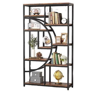 Industrial Metal Etagere Bookshelf 7-<b>Shelf</b> Wood Top Freestanding Living Room Storage Organizer <b>Modern</b> Home Furniture - Product Image 2