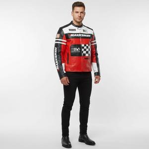 Nueva Chaqueta de Cuero Genuino para Hombre, Estilo Racing, en Blanco y Negro con Bloques de Color y Parches, Personalización OEM, Venta al Por Mayor - Product Image 1