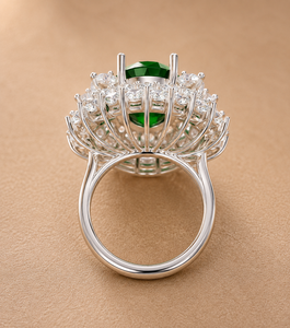 Lab Green Emerald & Lab Grown Diamond <b>Cocktail</b> <b>Ring</b> 14KT White <b>Gold</b> Oval Emerald Floral Halo Statement <b>Ring</b> OEM ODM Fine Jewel - Product Image 4