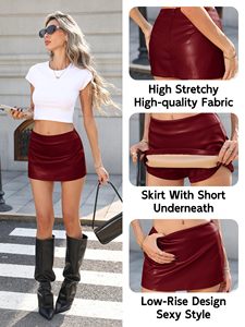 Mini-jupe en cuir taille basse avec short intégré pour femme, micro-jupe-short très extensible - Product Image 5