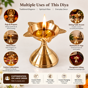 Antique Brass Star Shape Diya Oil Lamp with Pedestal Stand Traditional Puja Deepak for <b>Home</b> Temple Festive Decor - Product Image 2