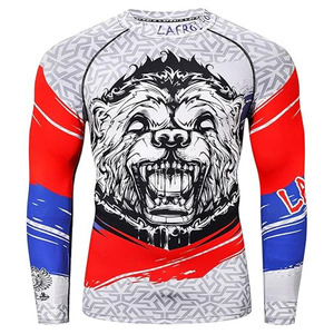 Men's Long Sublimation Print Rash Guard Red Blue <b>White</b> Gorilla Design Full Sleeve Performance Fit <b>Compression</b> Rash Guard - Product Image 1