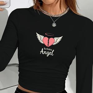 T-shirt à manches longues et col rond pour femme, style Y2K, avec imprimé ange en forme de cœur, tissu en polyester et élasthanne tricoté, mode toutes saisons - Product Image 4