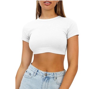 Camiseta Corta Blanca para Mujer, Cuello Redondo, Manga Corta, Tejido de Punto, Color Sólido, Casual, Corte Ajustado, para Primavera/Verano - Product Image 1