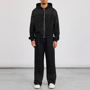 Survêtement tendance avec fermeture éclair ornée de strass personnalisés, en coton épais, avec strass de qualité supérieure, pour un look décontracté ou streetwear - Product Image 1
