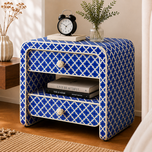 Chic Blue Pattern Resin Bone Inlay Nightstand With Drawers & <b>Shelf</b> Cabinet <b>Bedside</b> End Table For Bedroom Hotel Luxury Home Decor - Product Image 6