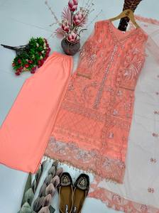 Ensemble Kurta en coton brodé avec pantalon palazzo, coupe ample traditionnelle, longueur cheville, tenue ethnique style Inde Pakistan - Product Image 5