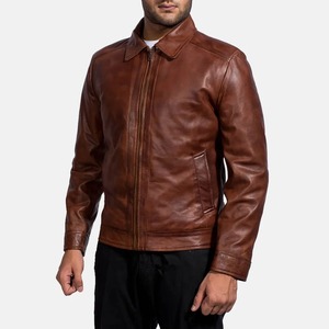 Men's <b>Brown</b> <b>Leather</b> <b>Jacket</b> Turn-Down Collar Zipper Closure Casual Solid Windproof Front Logo Regular Fit Autumn Outerwear - Product Image 5