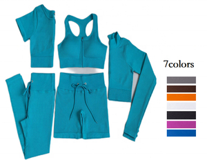 Conjunto de yoga acanalado de 5 piezas para mujer: sujetador deportivo de cintura alta, chaqueta con cremallera, leggings de longitud completa, ropa deportiva transpirable - Product Image 1