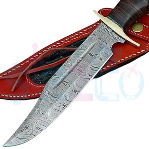 Couteau de chasse Bowie à lame fixe en acier Damas fait main, avec poignée en cuir et étui en cuir, cadeau idéal - Product Image 4