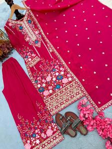 Trendy Chinon Silk <b>Kurti</b> with Palazzo Bottom Dupatta Set <b>for</b> <b>Women</b> Stylish Three Piece Party Wear Collection <b>for</b> Weddings Fest - Product Image 4