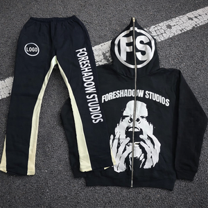 Ensemble de survêtement unisexe 2 pièces en molleton 100 % coton, comprenant un sweat à capuche zippé et un pantalon évasé, idéal pour l'entraînement et le streetwear hivernal. - Product Image 1