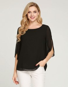 Haut décontracté noir pour femme en tissu georgette uni, avec doublure en crêpe, longueur normale, col rond, manches trois quarts, entièrement cousu, élégant - Product Image 3