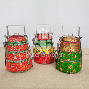 Luxury Stainless Steel Tiffin Box Hand Painted Design Heatable & <b>Portable</b> Dual Tier 2-Compartment - Product Image 4