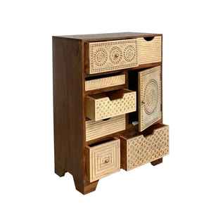 Coffre de rangement vintage en bois de manguier massif sculpté à la main, style bohème rustique, avec armoire latérale et porte, meuble multifonction écologique de 4 pieds - Product Image 3