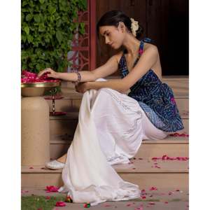 Conjunto de Salwar Kameez Sharara Palma Blue Bandhani, Talla XS, para Bodas y Eventos - Product Image 2