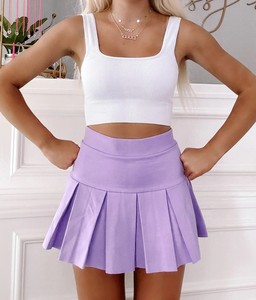 Women's Purple High Waist A-<b>line</b> Ruffles Breathable Lightweight Polyester/Cotton Pleated Mini Skirt Solid Color Satin Woven - Product Image 3