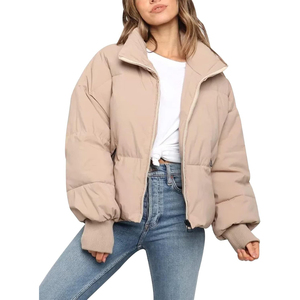 Women's <b>Cropped</b> <b>Puffer</b> <b>Jacket</b> Solid Color Stand Collar Zipper Closure Full Sleeve Winter Warm Thick Outerwear Best Selling - Product Image 5