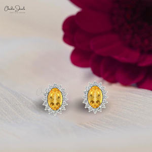 ต่างหูเพชรทรงวงรีซิทริน 0.84 กะรัต ดีไซน์ทันสมัย ตัวเรือนทองคำแท้ 14K ประดับเพชรรอบวง สำหรับผู้หญิง ราคาพิเศษ - Product Image 1