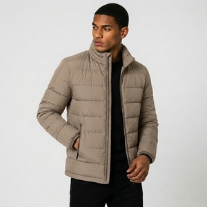 Men'<b>s</b> Olive Green Puffer <b>Jacket</b> Stand Collar Zipper Closure Windproof Casual Winter Wear Regular Fit Polyester Wadding - Product Image 4