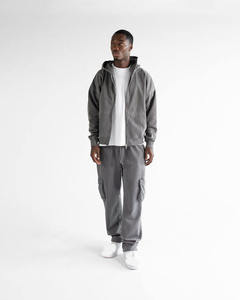 Sweat-shirt zippé gris foncé délavé vintage pour homme, couleur unie, épais, avec poche kangourou fendue, style décontracté streetwear - Product Image 2