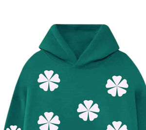 เสื้อฮู้ดสีเขียวแบบกำหนดเอง พิมพ์ลายโคลเวอร์สีขาว ทรงปกติ ใส่ได้ทั้งชายและหญิง สวมใส่สบายๆ ในฤดูใบไม้ผลิ ผลิตจากผ้าฝ้ายถัก - Product Image 1