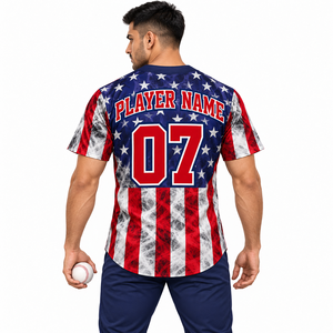 Maillot de baseball unisexe Mangoes Fashion, imprimé drapeau rouge, blanc et bleu, manches courtes, boutons sur le devant, respirant, écologique, sport - Product Image 2