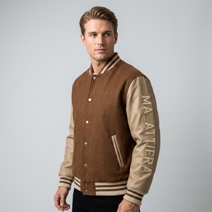 Veste Bomber Homme Marron en Cuir avec Manches en Cuir et Corps en Polaire, Broderie Personnalisée, OEM ODM Vente en Gros - Product Image 2