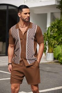 Conjunto de 2 Piezas para Hombre, Camisas Polo de Punto con Botones y Manga Corta Estilo Vintage, Conjuntos de Pantalones Cortos Casuales de Playa - Product Image 2