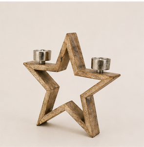 Handmade Natural Mango Wood Star Candle Holder Rustic 2-Light <b>Tea</b> Light <b>Stand</b> For Christmas Table Centerpiece And Festive Home - Product Image 5