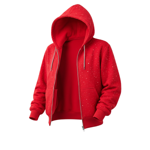 Sudadera con capucha unisex roja lisa con cremallera, forro polar personalizado, estilo casual urbano, holgada con bolsillo canguro - Product Image 3