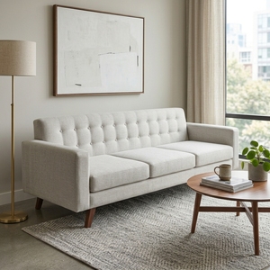 Canapé de salon moderne en bois de teck massif, rembourré, style mi-siècle, avec capitonnage en tissu, canapé deux places, meubles de maison - Product Image 3