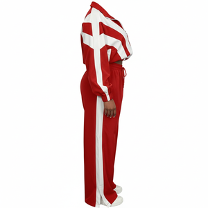 Ensemble de survêtement vintage pour homme, rouge et blanc, à blocs de couleur, manches longues, col à capuche, 100 % coton molletonné, coupe ample sportive, poches latérales - Product Image 6