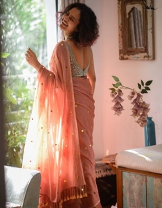 KV Traditional <b>Orange</b>-Coloured Embellished Mul Cotton <b>Saree</b> for Party Wrinkle-Free & Reversible Quick Dry Autumn Without Blouse - Product Image 2