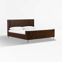 Lit à panneaux tambour en bois massif sculpté à la main, style moderne du milieu du siècle |   Cadre de lit incurvé avec pieds en métal