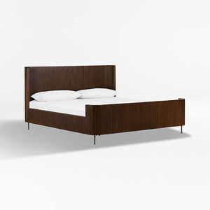 Cama de Madera con Panel Tambour de Estilo Moderno de Mediados de Siglo |   Base de Cama Curva con Patas de Metal - Product Image 3