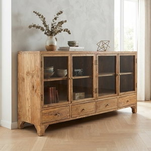 Solid Wood Storage Drawer Sideboard Credenza Modern Glass Door Display Cabinet Teak Style Wooden Chest Drawers <b>Carts</b> Furniture - Product Image 5