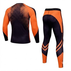 Premium Quality <b>Men's</b> Training Tracksuit Workout Activewear Orange <b>Compression</b> Set Long Sleeve Rash Guard <b>Tights</b> Fitness Gym - Product Image 2