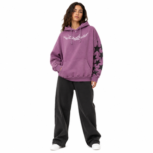 Felpa con Cappuccio Oversize Unisex in Felpa Pesante con Stampa Serigrafica Vintage Lavata, Colore Dusty Mauve, con Grafica a Stella Fulmine, Stile Streetwear - Product Image 1