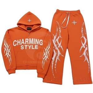 French Terry Zipper Hoodie and <b>Sweatpants</b> <b>Set</b> 100%cotton flare track suits custom puff printing acid wash track suits - Product Image 1